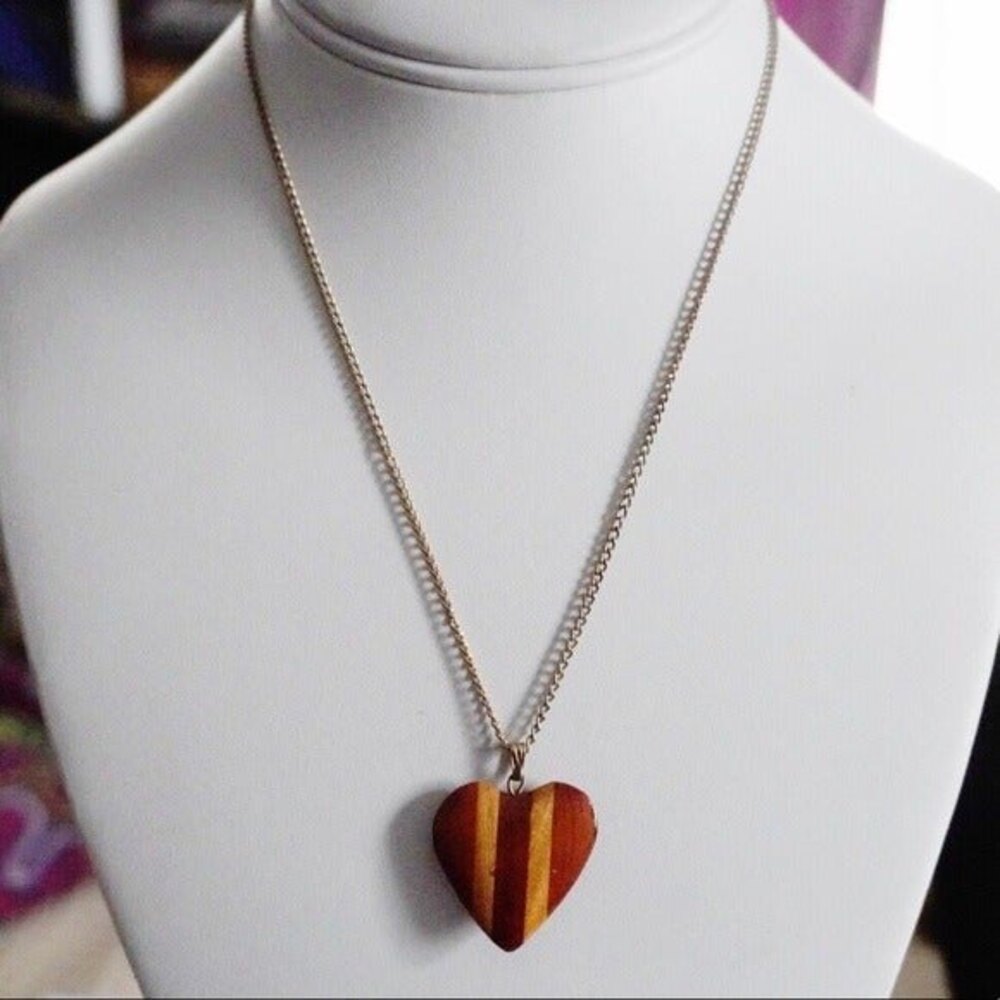 Brown Striped Wooden Heart Pendant Necklace - Picture 2 of 6